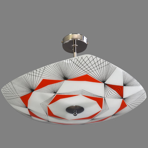 1950s-1960s Napako Mid-Century Modern semi-flush/fixed ceiling light with bold red and black geometric patterning on a white glass background