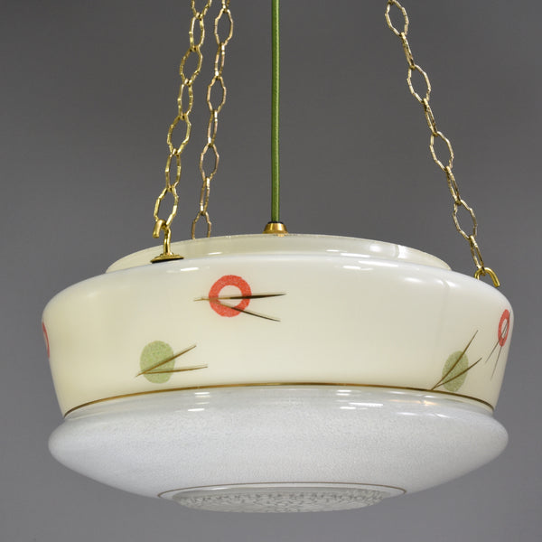 1950s Mid-Century Modern flycatcher glass bowl ceiling light with atomic age graphics