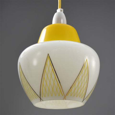 1950s White Glass Pendant Ceiling Light with Yellow Top and Yellow and Gold Patterning