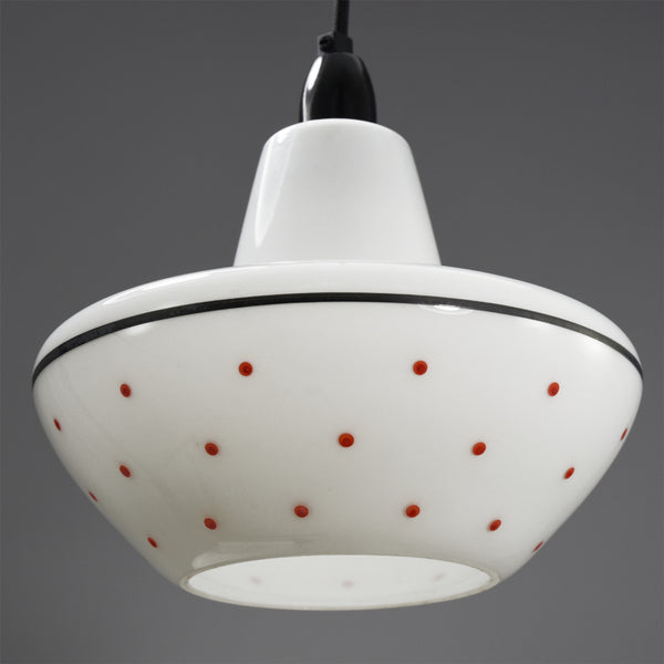 1950s-1960s white glass pendant ceiling light with black line and red dots